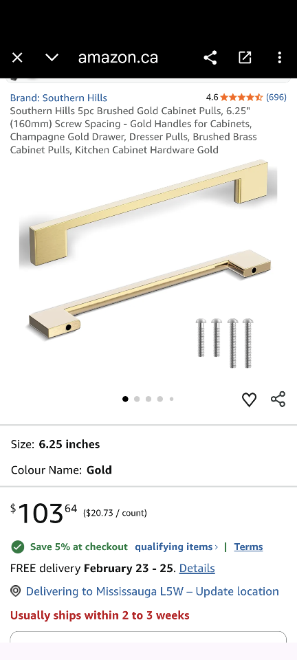 Southern Hills Brushed Gold Cabinet Pulls (5 Pack)
