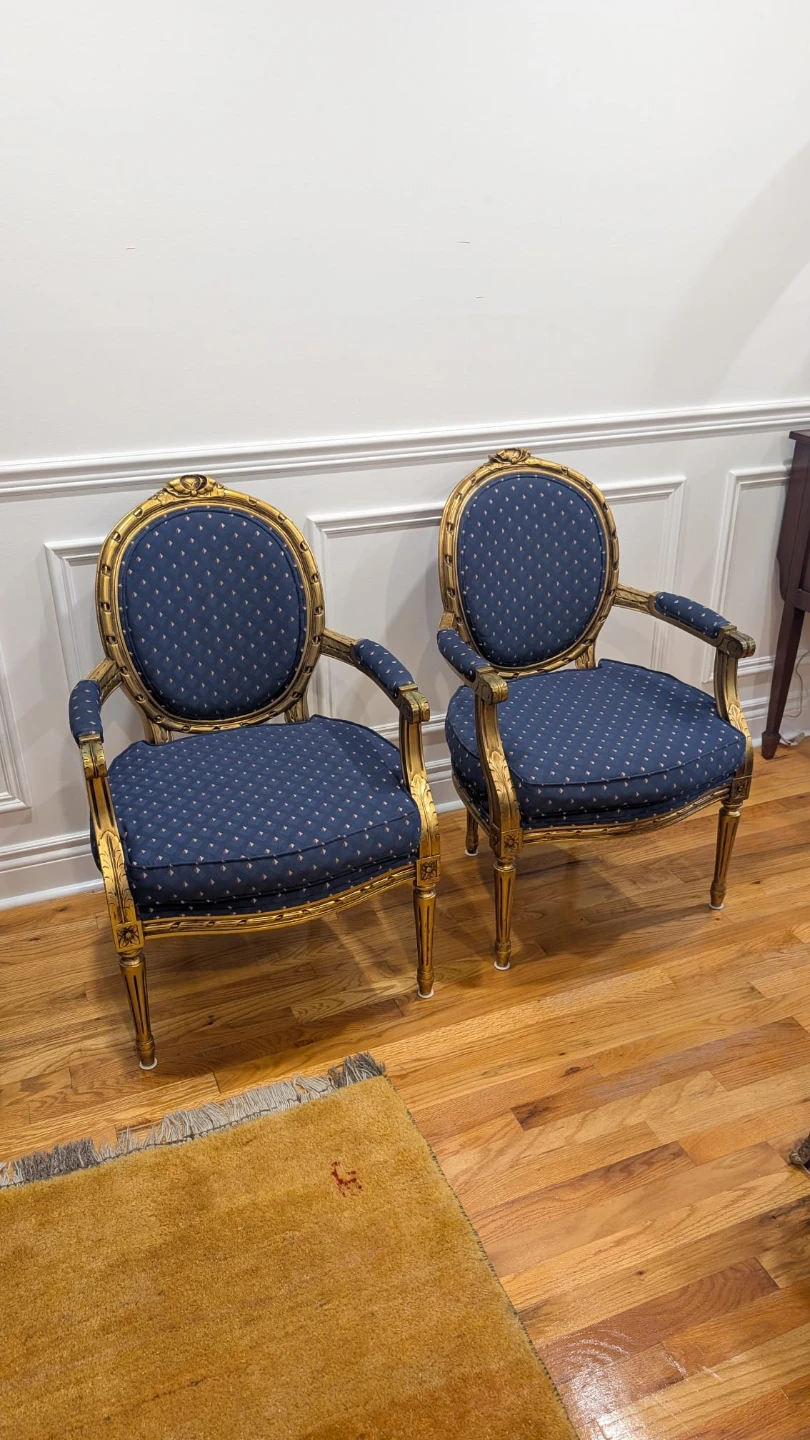 2 Louis XVI-style giltwood armchairs - blue and gold