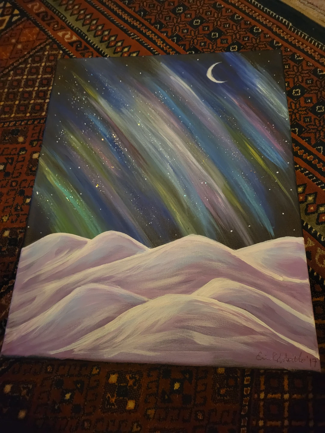 Aurora Borealis and Snowy Hills Acrylic Painting