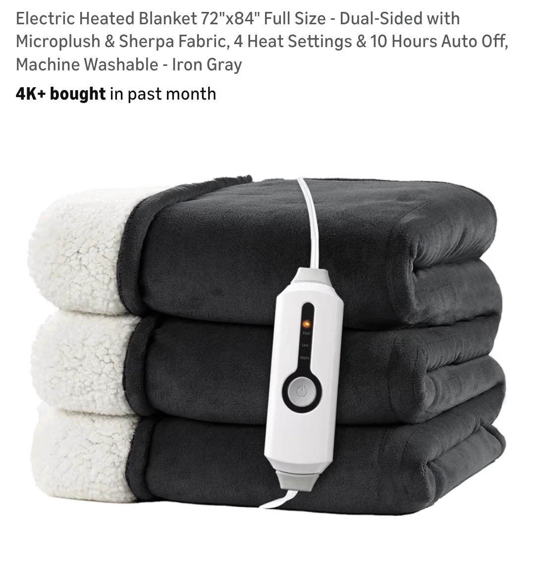 Electric Heated Blanket 72"x84" Full Size - Iron Gray