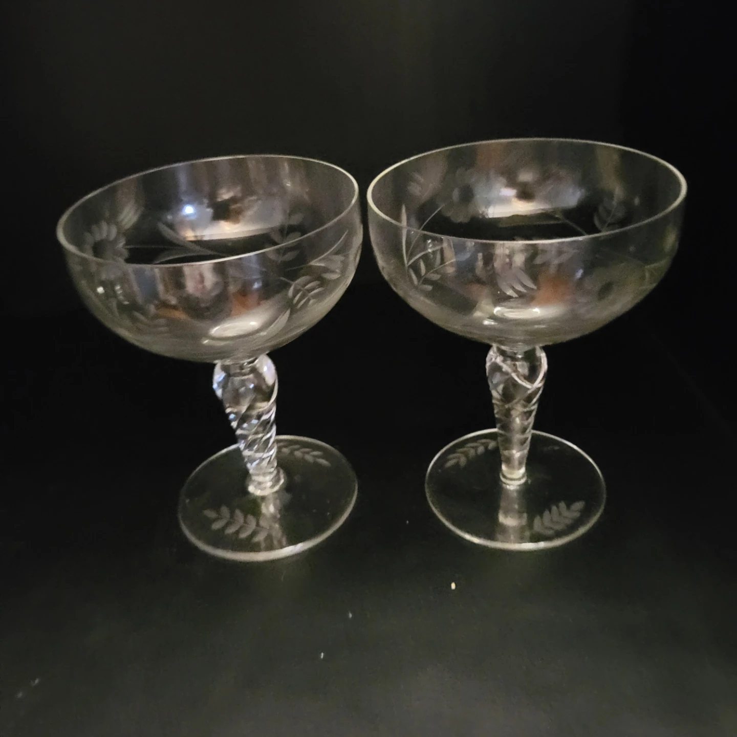 Set of 2 Vintage Etched Champagne Coupe Glasses