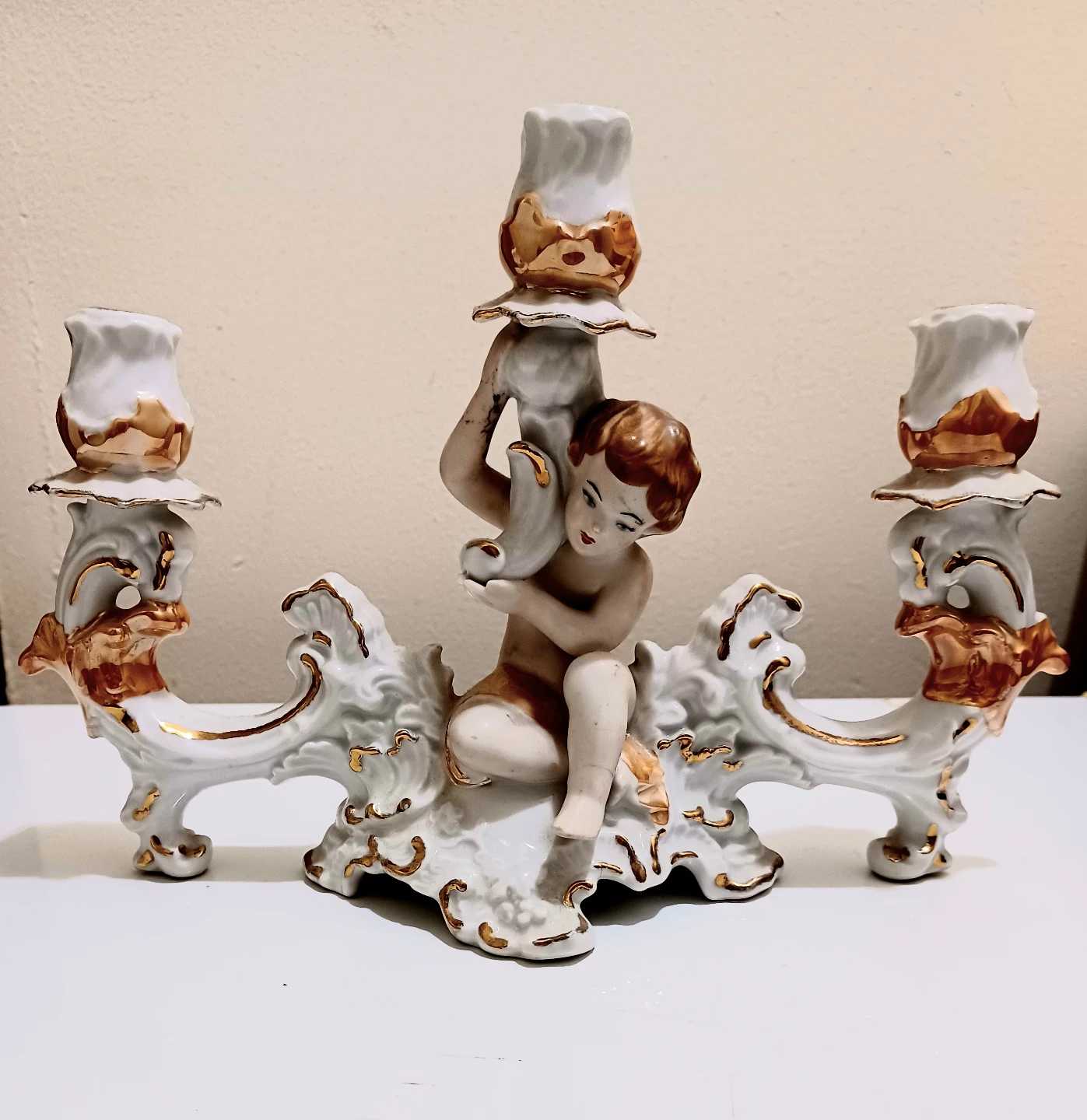 Vtg ARPO 3 Arm Cherub Porcelain Candelabra