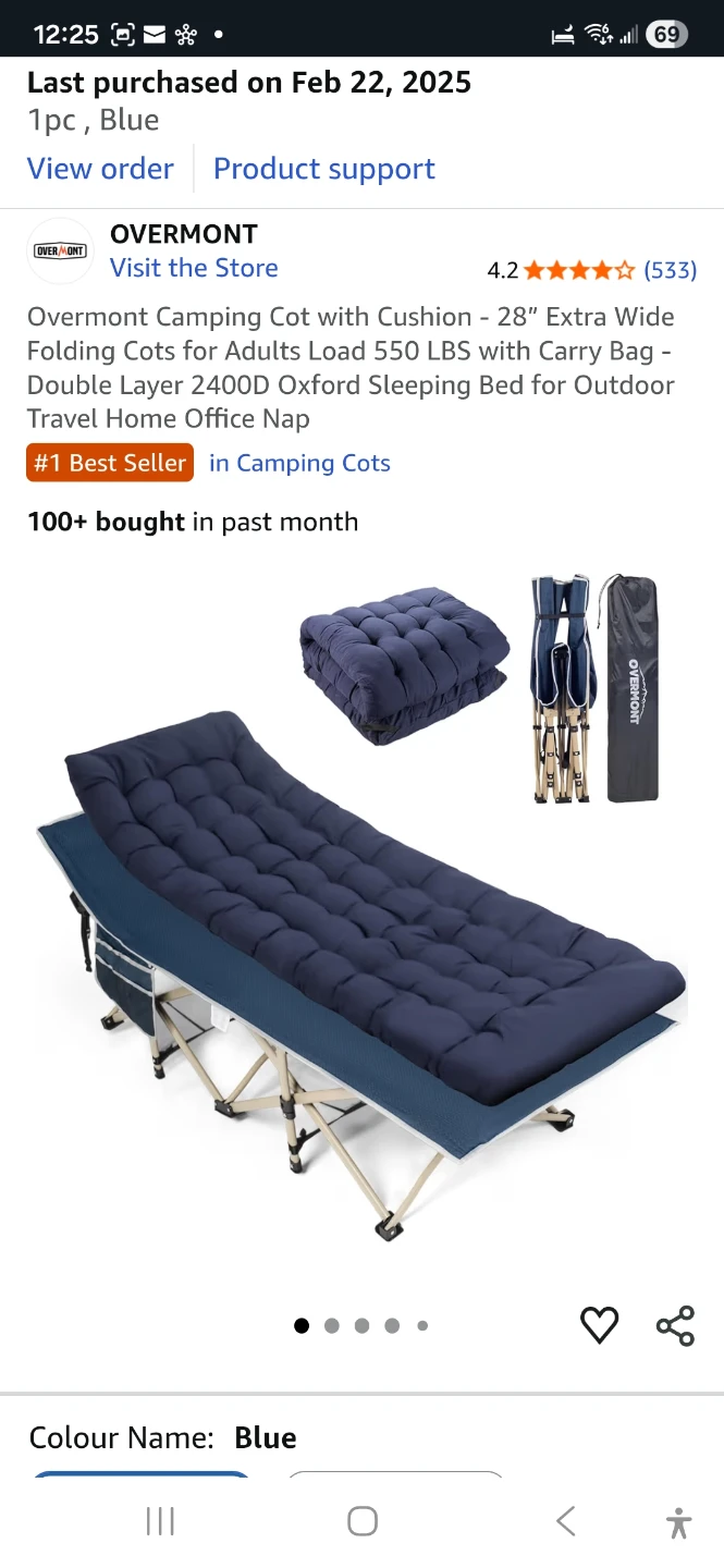 Overmont Camping Cot with Cushion - Blue