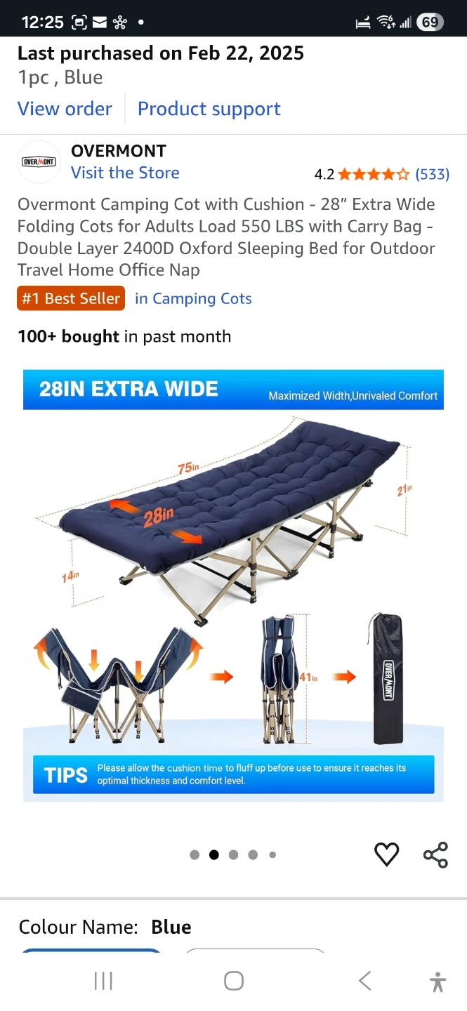 Overmont Camping Cot with Cushion - Blue - photo 2