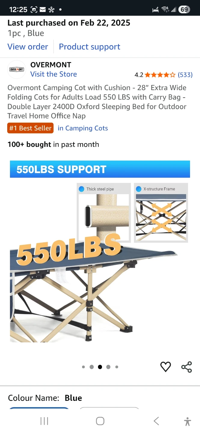 Overmont Camping Cot with Cushion - Blue - photo 3