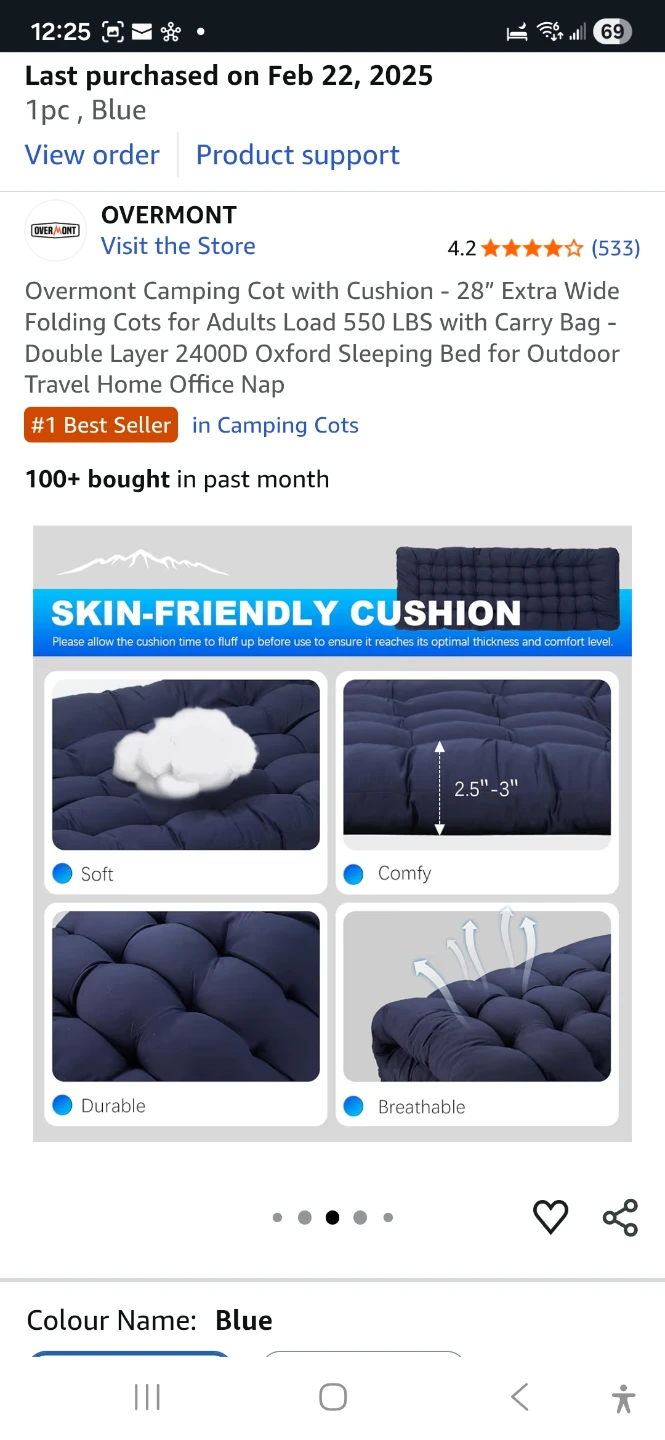 Overmont Camping Cot with Cushion - Blue - photo 4