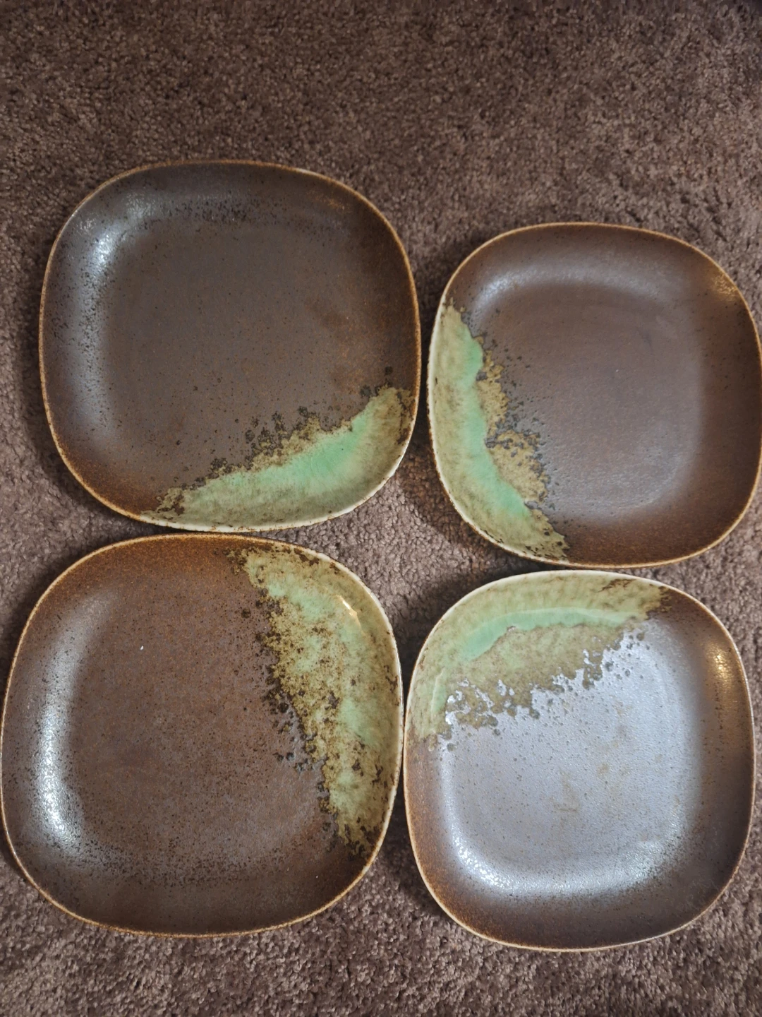 Four Rustic Brown & Green Square Plates - photo 2