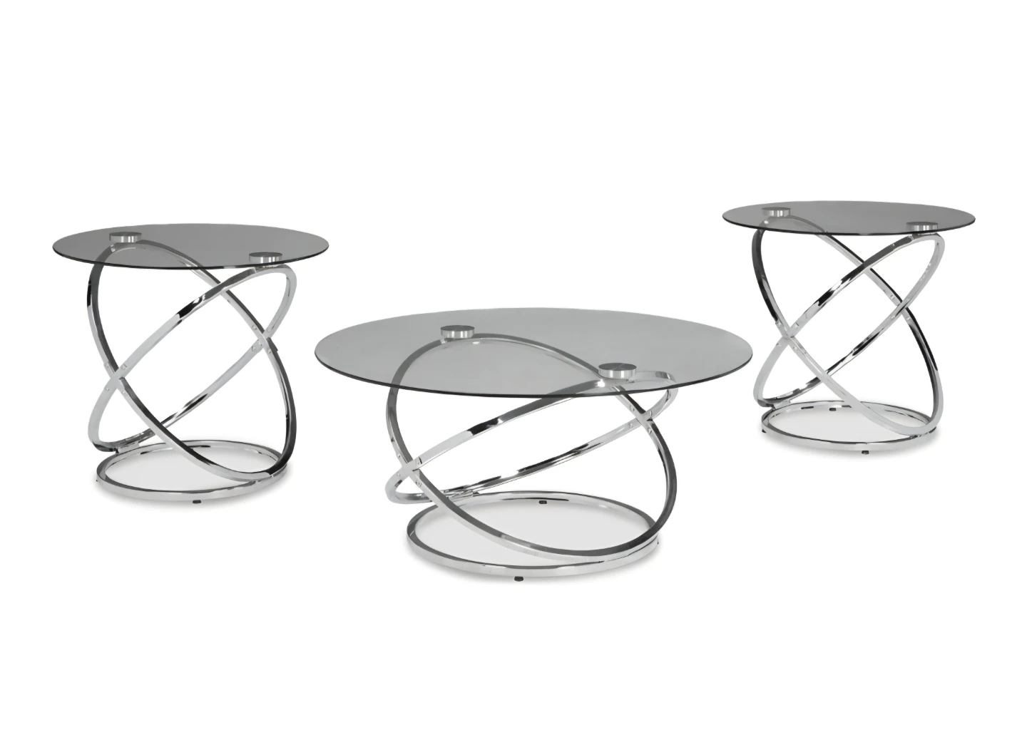 Set of 3 Modern Chrome & Glass Round Accent Tables
