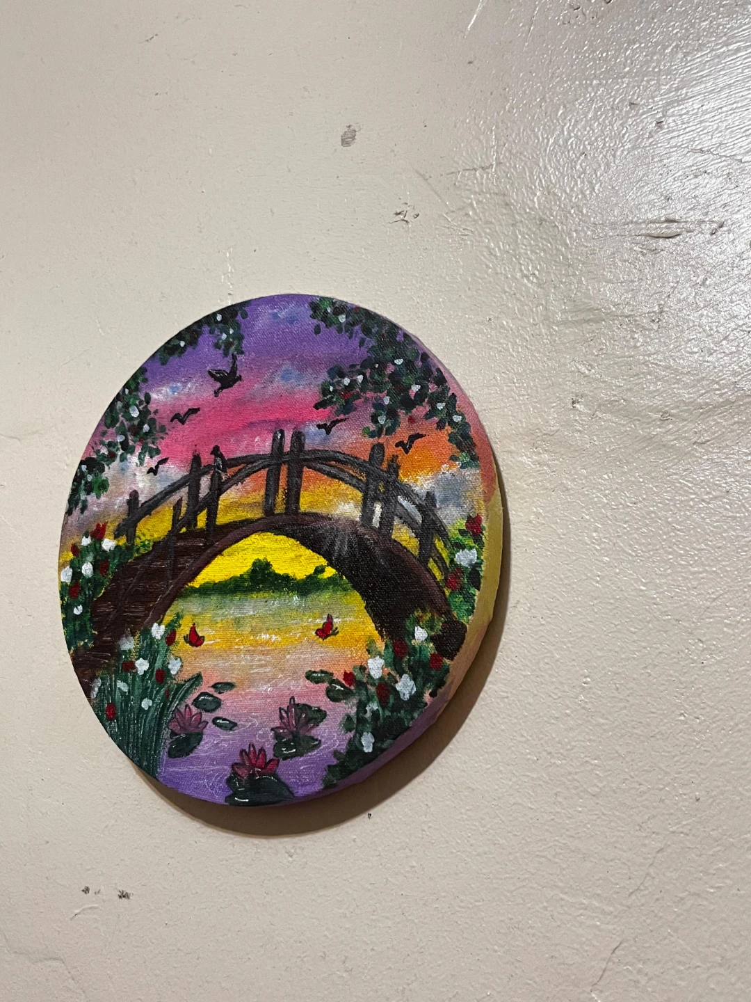 Round Wooden Art Plaque - Bridge and Flowers Painting - photo 2