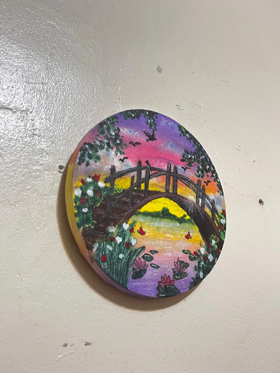 Round Wooden Art Plaque - Bridge and Flowers Painting - photo 3