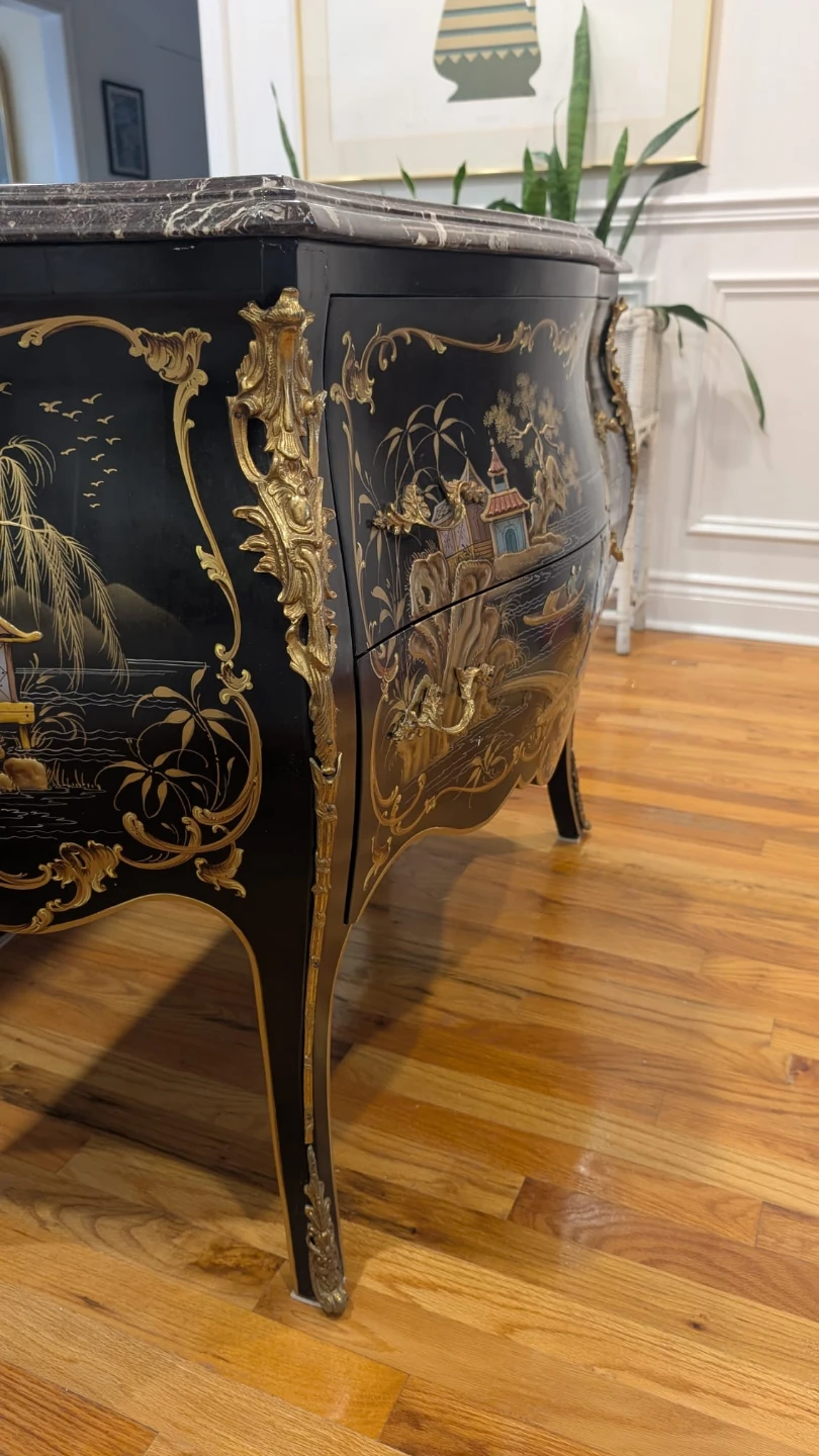 Vintage French Chinoiserie Black Lacquer Bombe Commode - photo 4