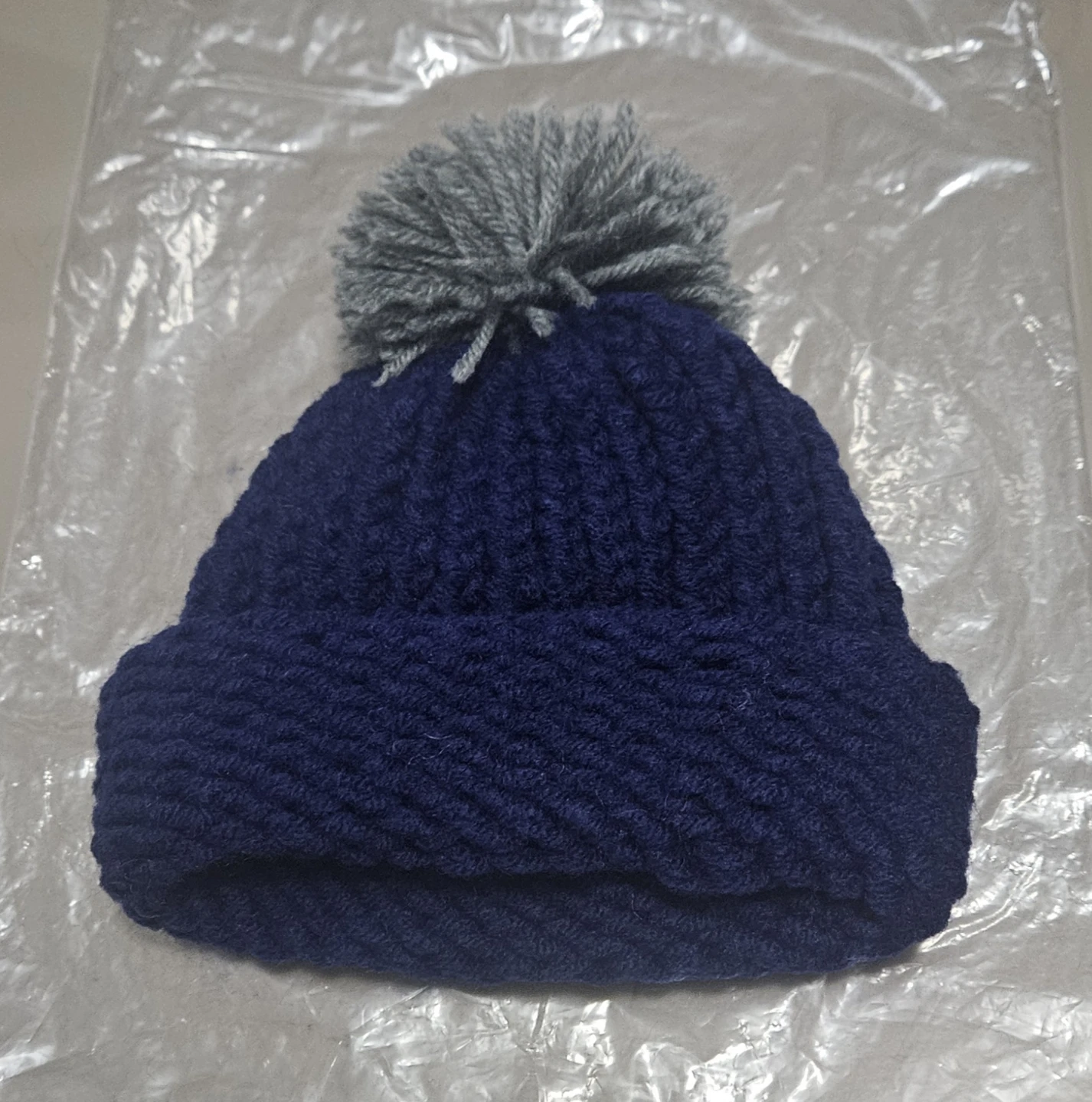 Navy Blue Knit Beanie with Grey Pom-Pom