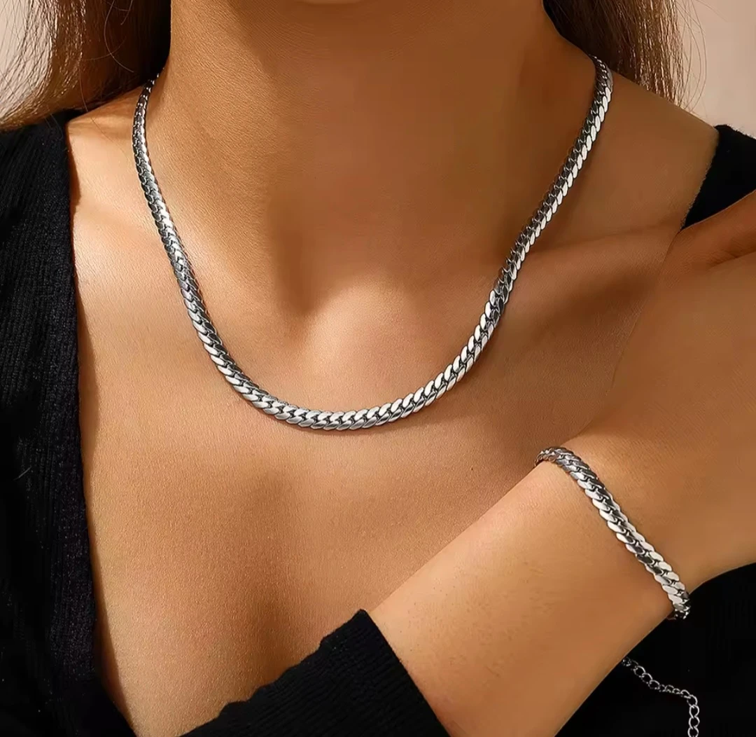 Silver Chain Necklace and Bracelet Set