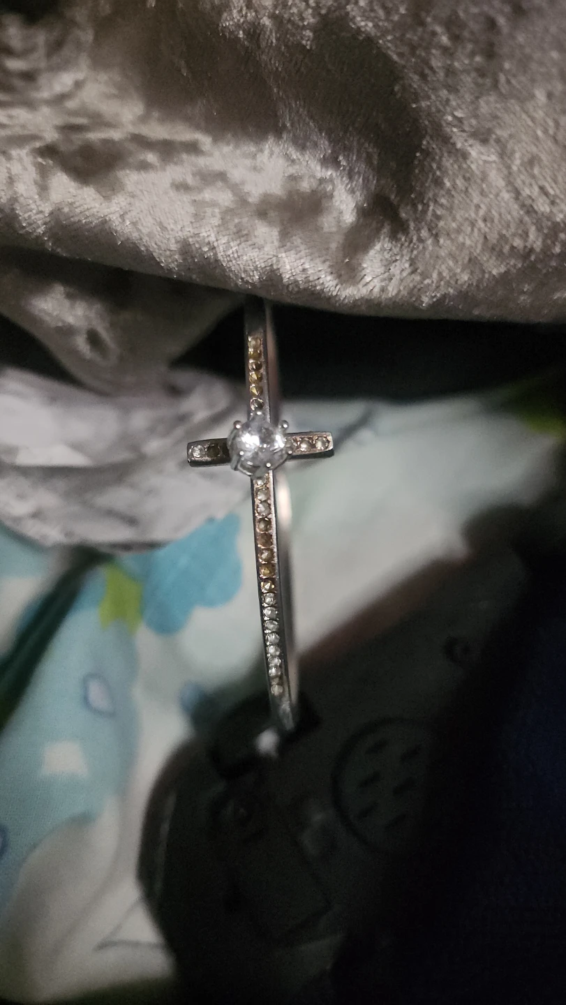 Silver-tone Bangle Bracelet with Cross Charm and Rhinestones