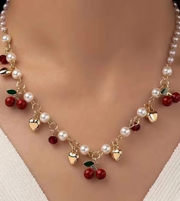 Cherry & Pearl Beaded Necklace 🍒🌹💎