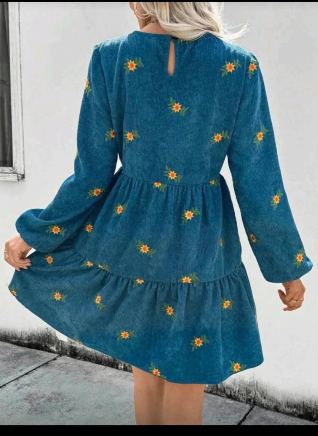 Blue Corduroy Tiered Mini Dress with Floral Embroidery - photo 2