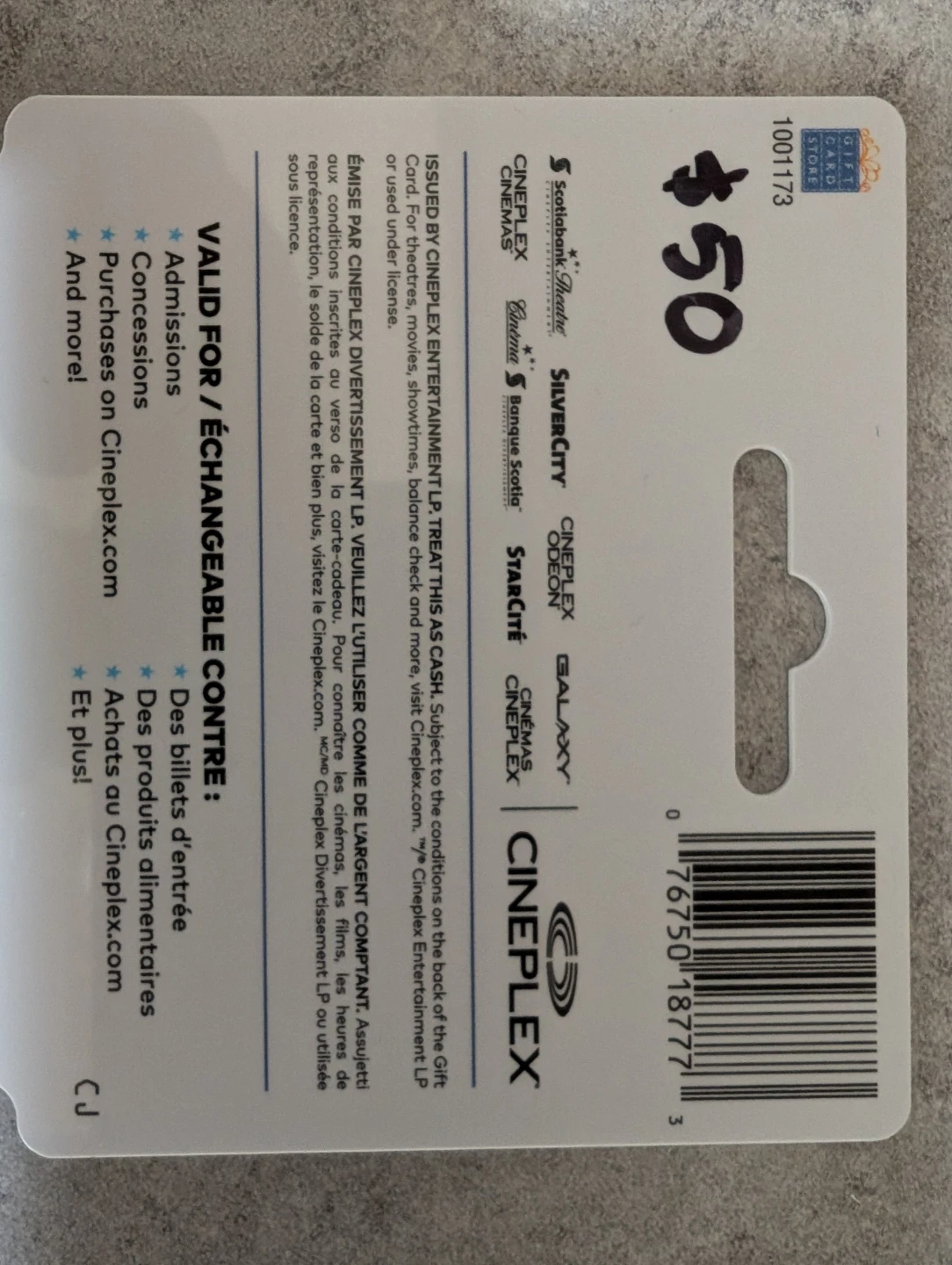Cineplex $50 Giftcard