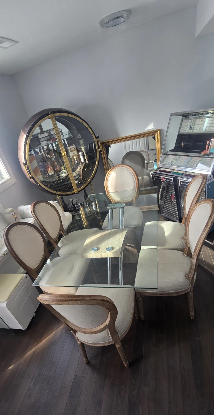 Glass Dining Table with 6 Restoration Hardware Chairs - photo 5
