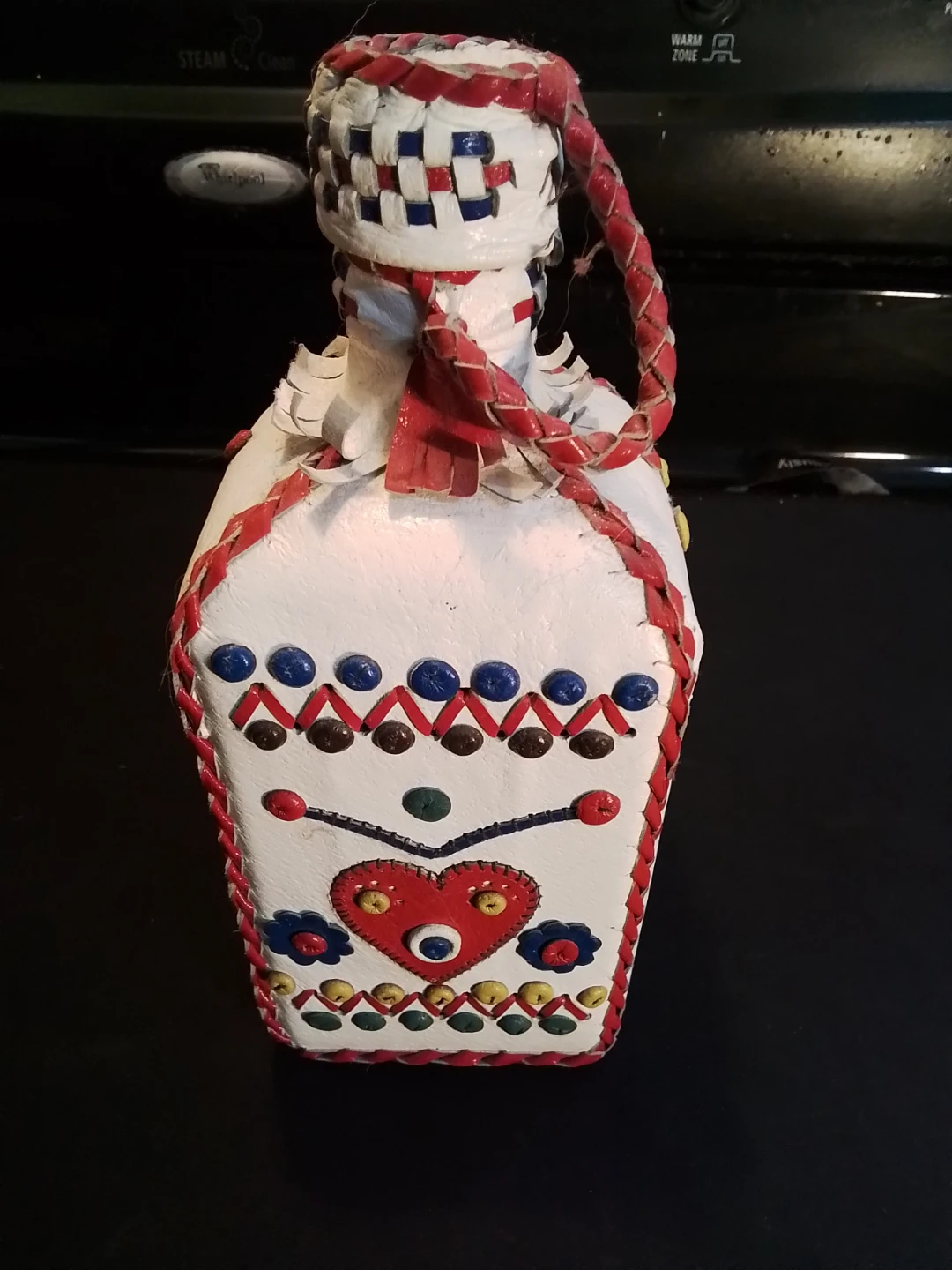 Vintage Folk Art Decanter Wrapped in Hand Stitched White