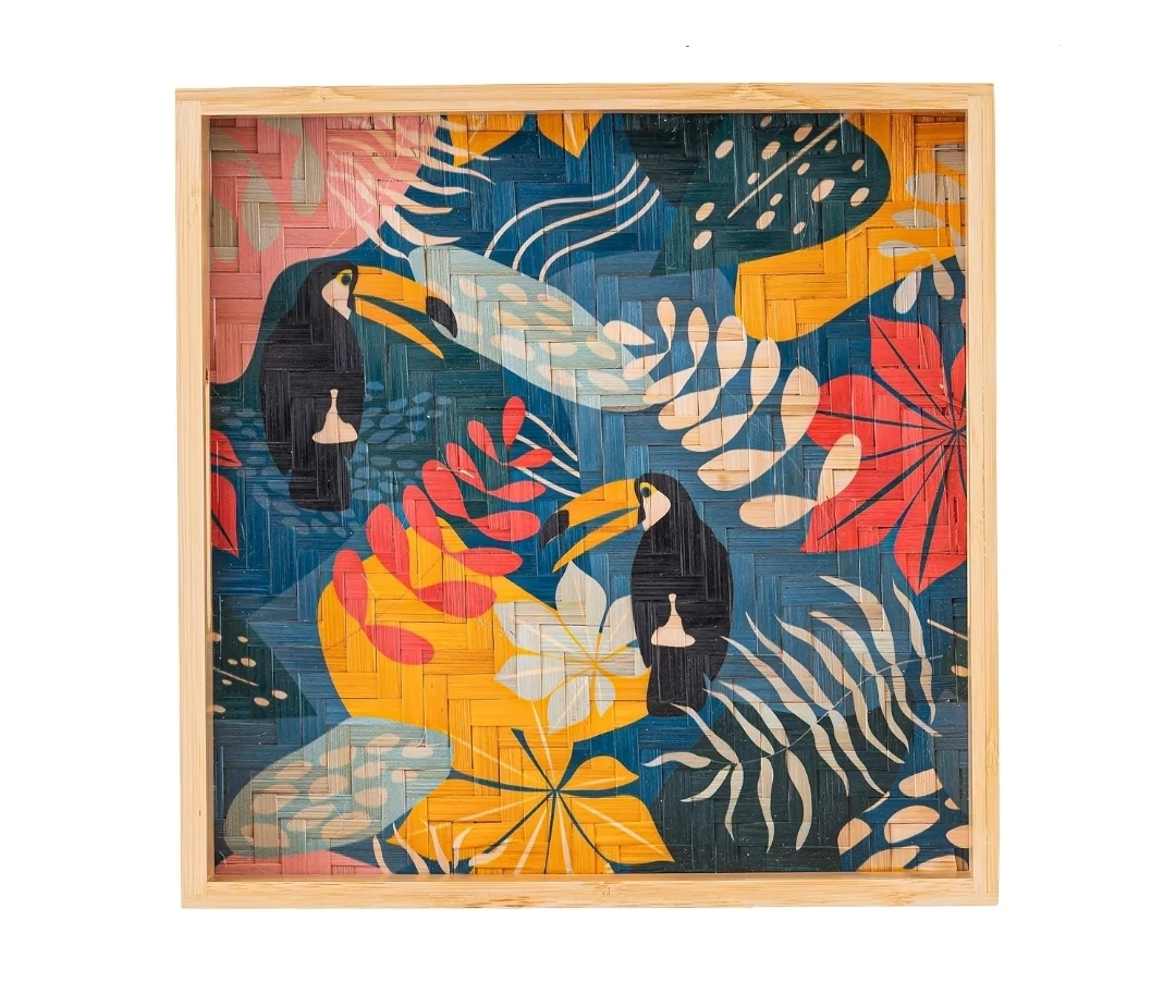 Bamboo Serving & Decor Tray 12.2” Square | Woven Art Tray Toucan - photo 2