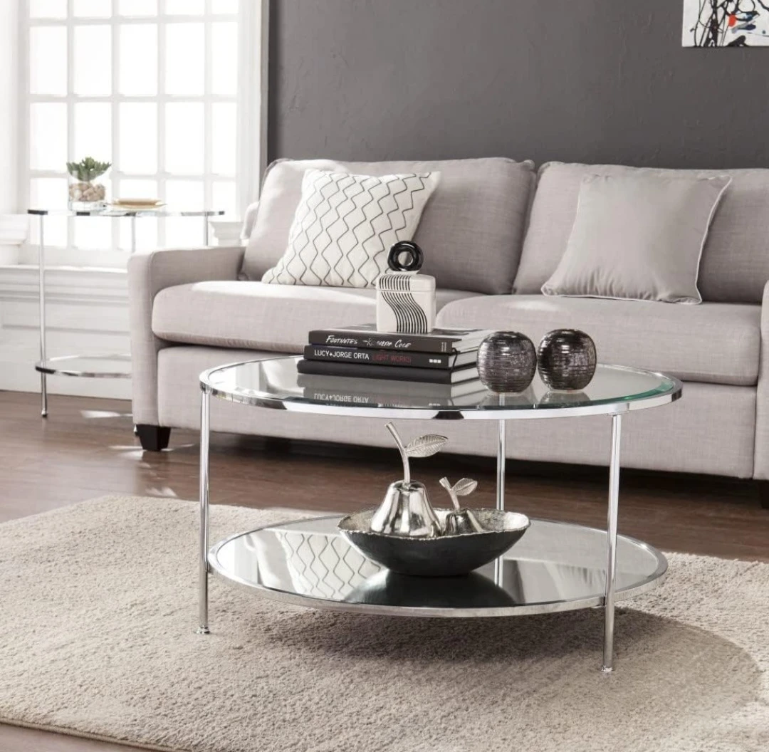 Round Glass & Chrome Coffee Table with Mirrored Shelf - photo 2