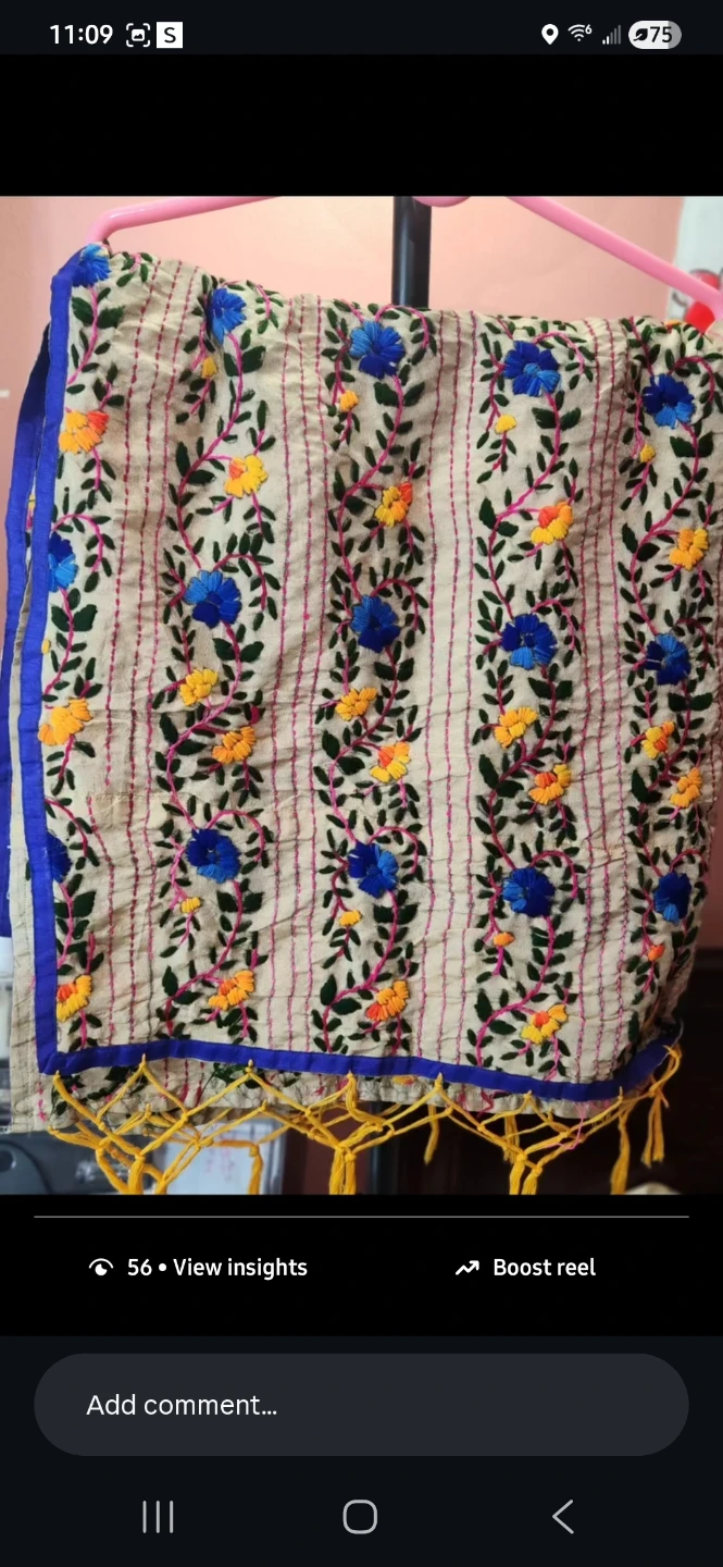 Embroidered Scarf with Blue and Yellow Flowers