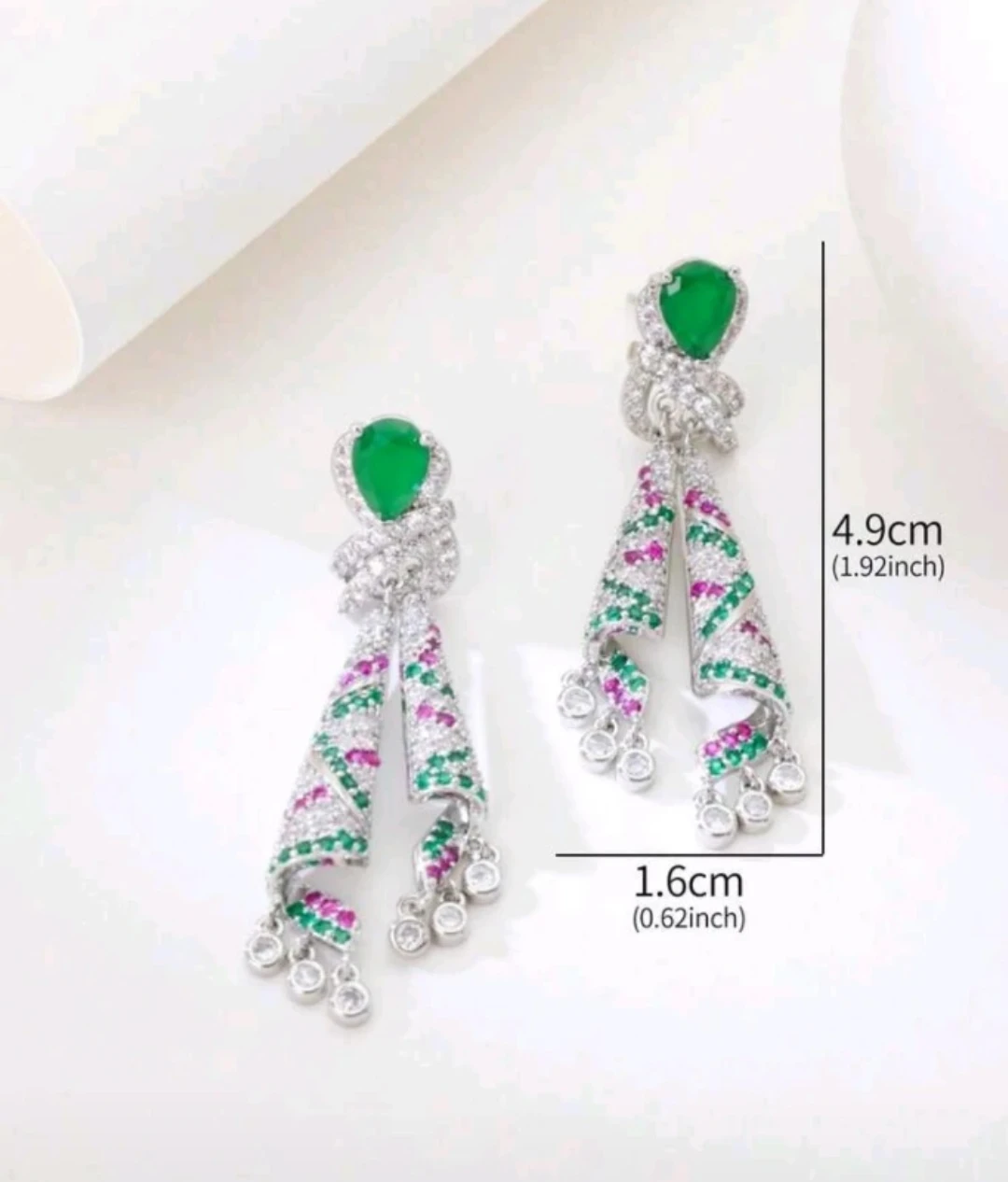 French High Quality Dangle Earrings with Green and Pink Stones - photo 3