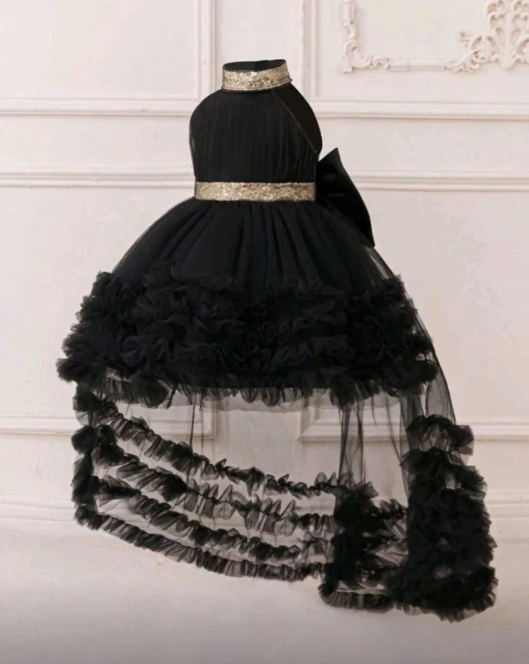 Black Tulle Flower Girl Dress with Gold Accents