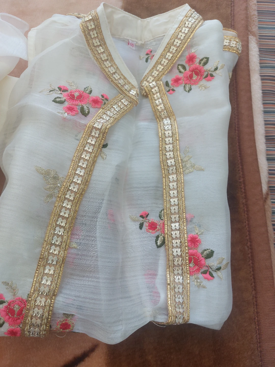Cream Dress with Floral Overlay and Red Belt