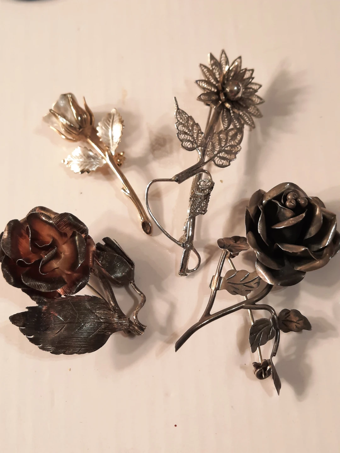 Set of 4 Flower Brooches 2 sterling silver  2 silver plate