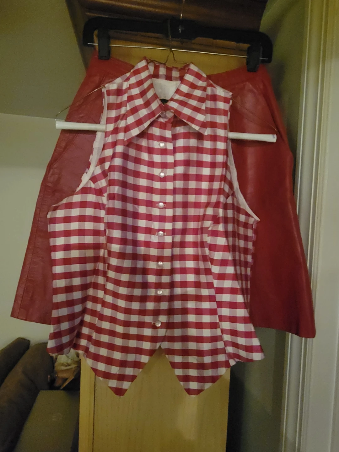 Red Leather Shorts and Red/White Gingham Button-Up Vest