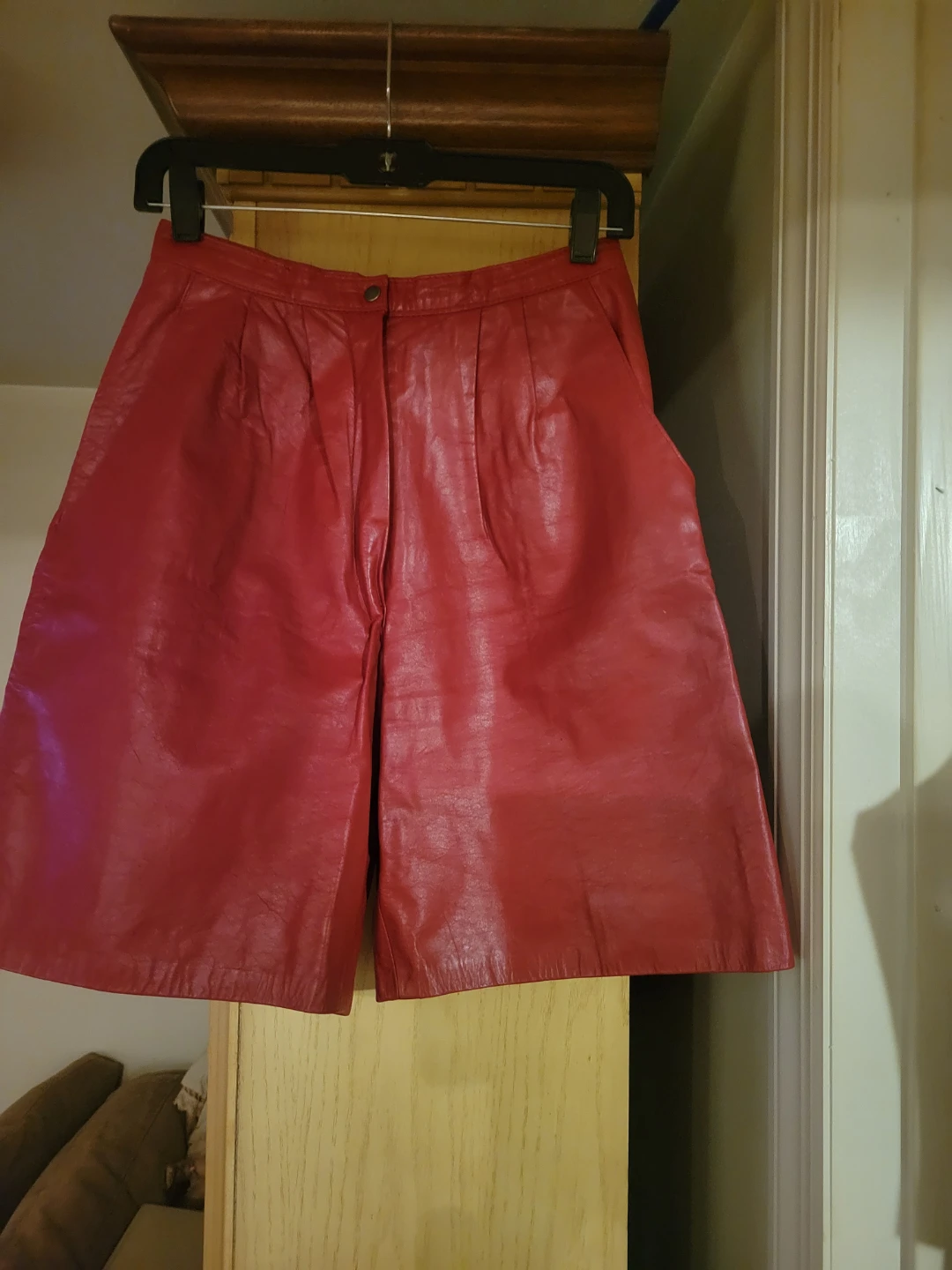 Red Leather Shorts and Red/White Gingham Button-Up Vest - photo 5