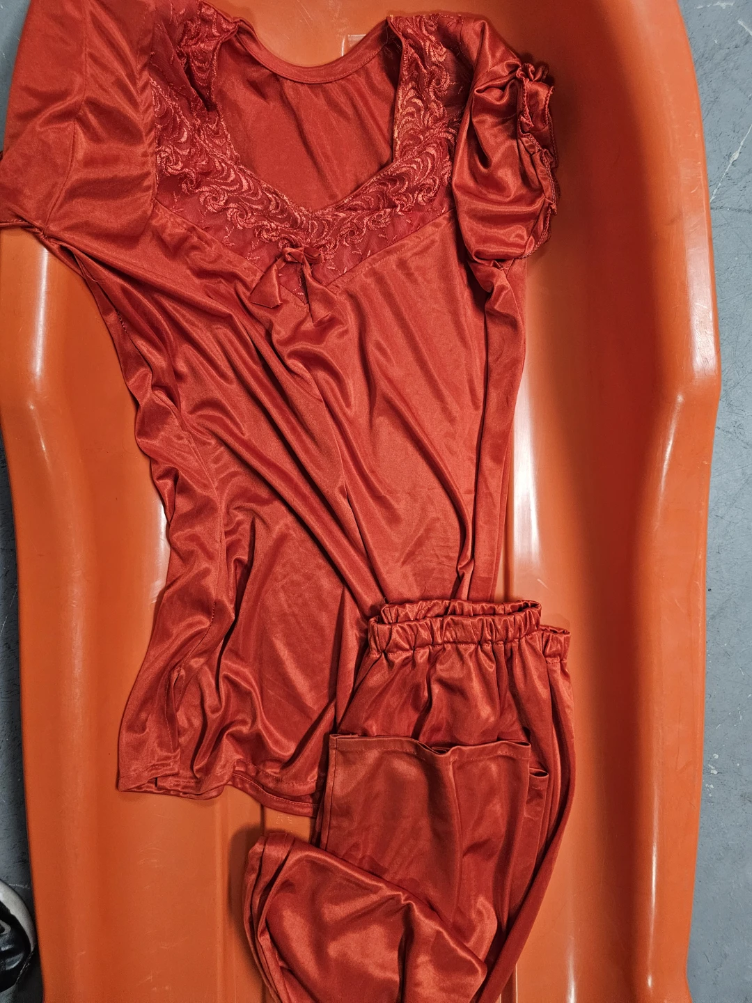 Red Satin Pajama Set with Lace Trim - photo 2