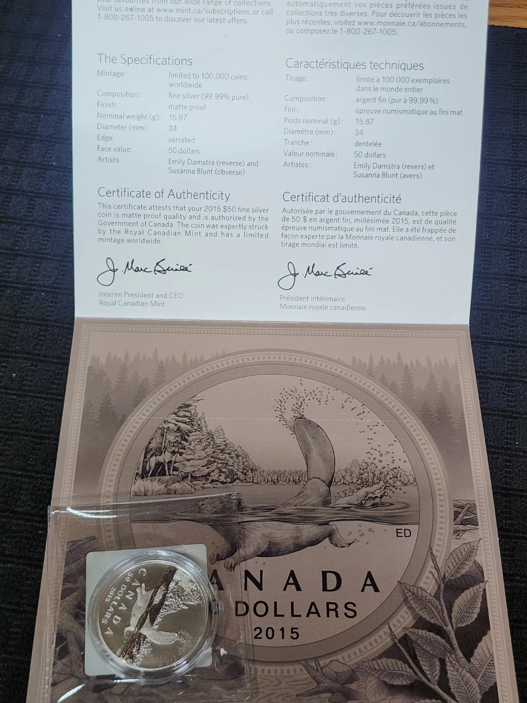 2015 $50 Fine Silver Coin - Swimming Beaver - photo 2