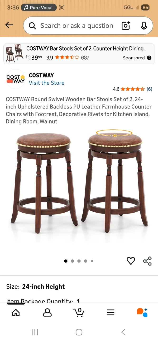 COSTWAY Round Swivel Wooden Bar Stools - 24-inch Height