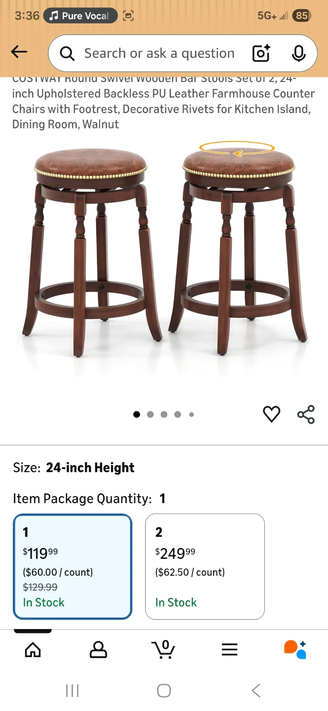 COSTWAY Round Swivel Wooden Bar Stools - 24-inch Height - photo 4
