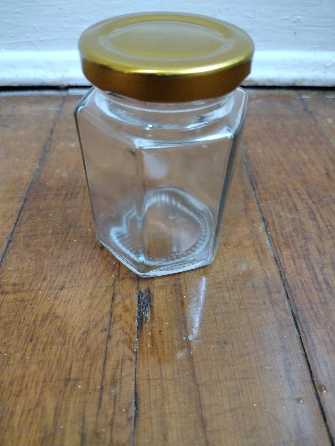 Glass Hexagonal Jar with Gold Lid