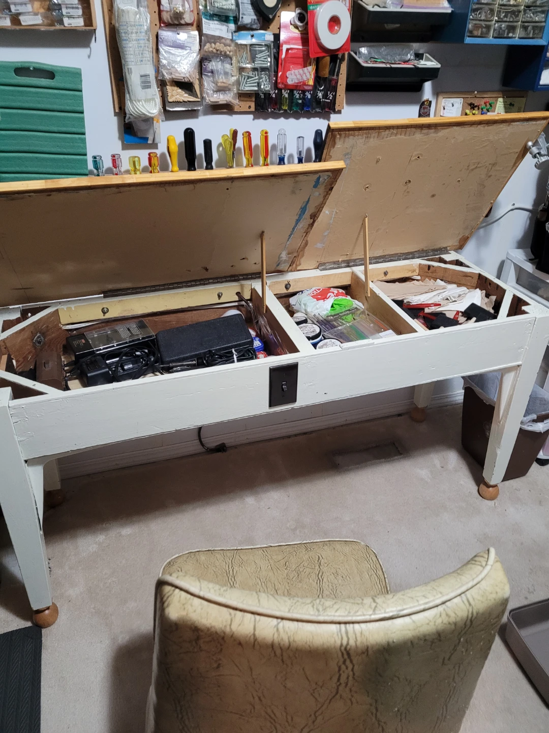 Vintage White Painted Craft Bench w/ Storage - photo 2