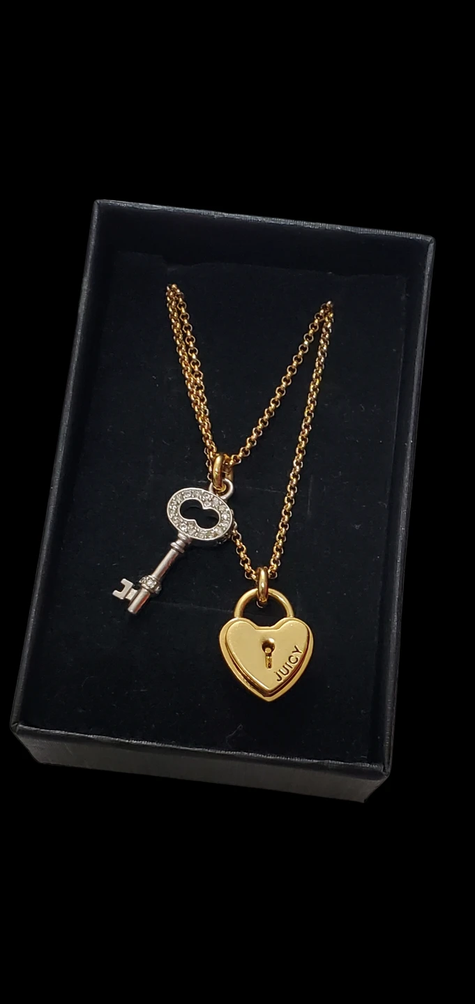 Y2K Juicy Couture Heart Lock & Key Pendant Necklace Set