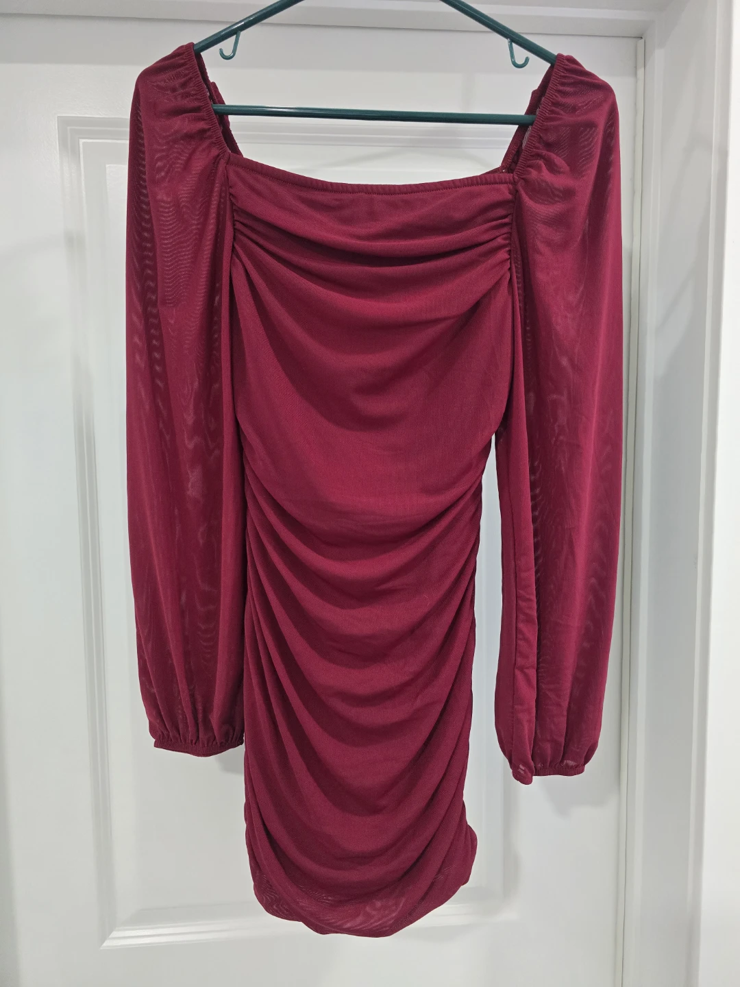 Small- Maroon Ruched Mesh Sleeve Mini Dress - photo 3