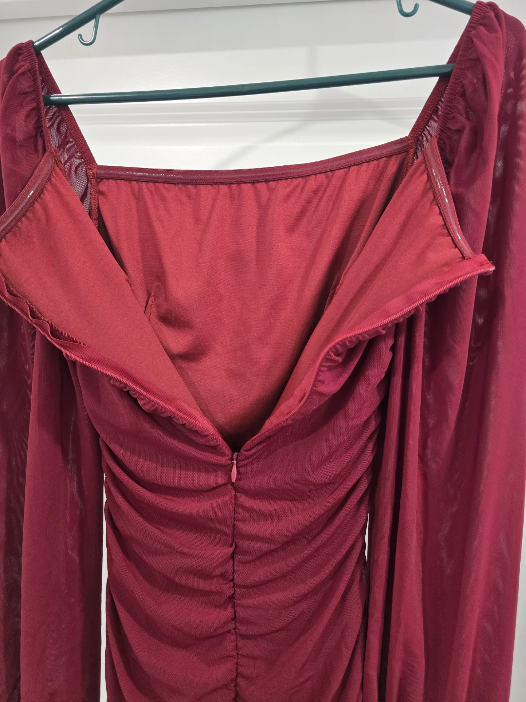 Small- Maroon Ruched Mesh Sleeve Mini Dress - photo 4