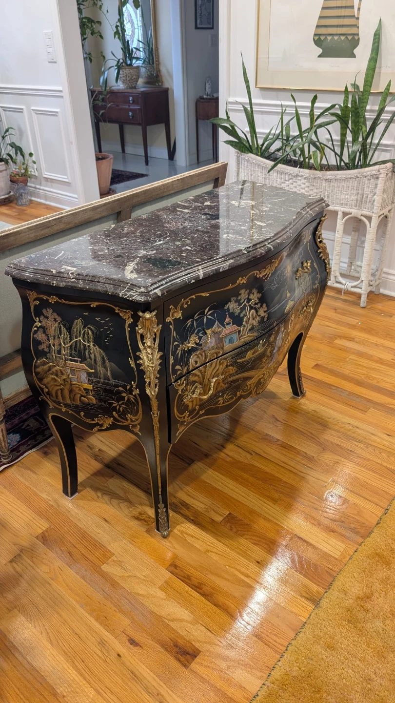 Vintage French Chinoiserie Black Lacquer Bombe Commode - photo 2