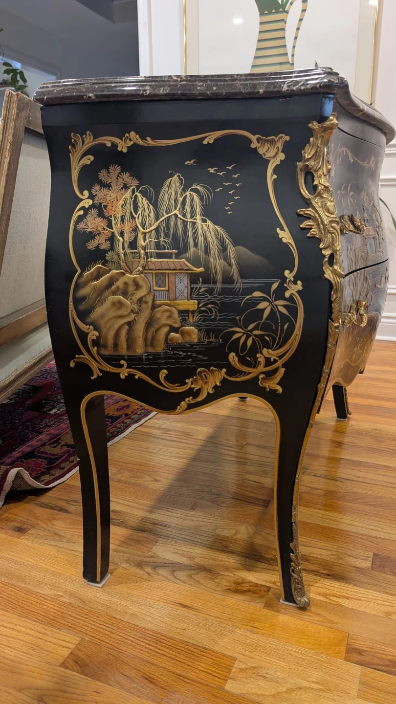 Vintage French Chinoiserie Black Lacquer Bombe Commode - photo 5