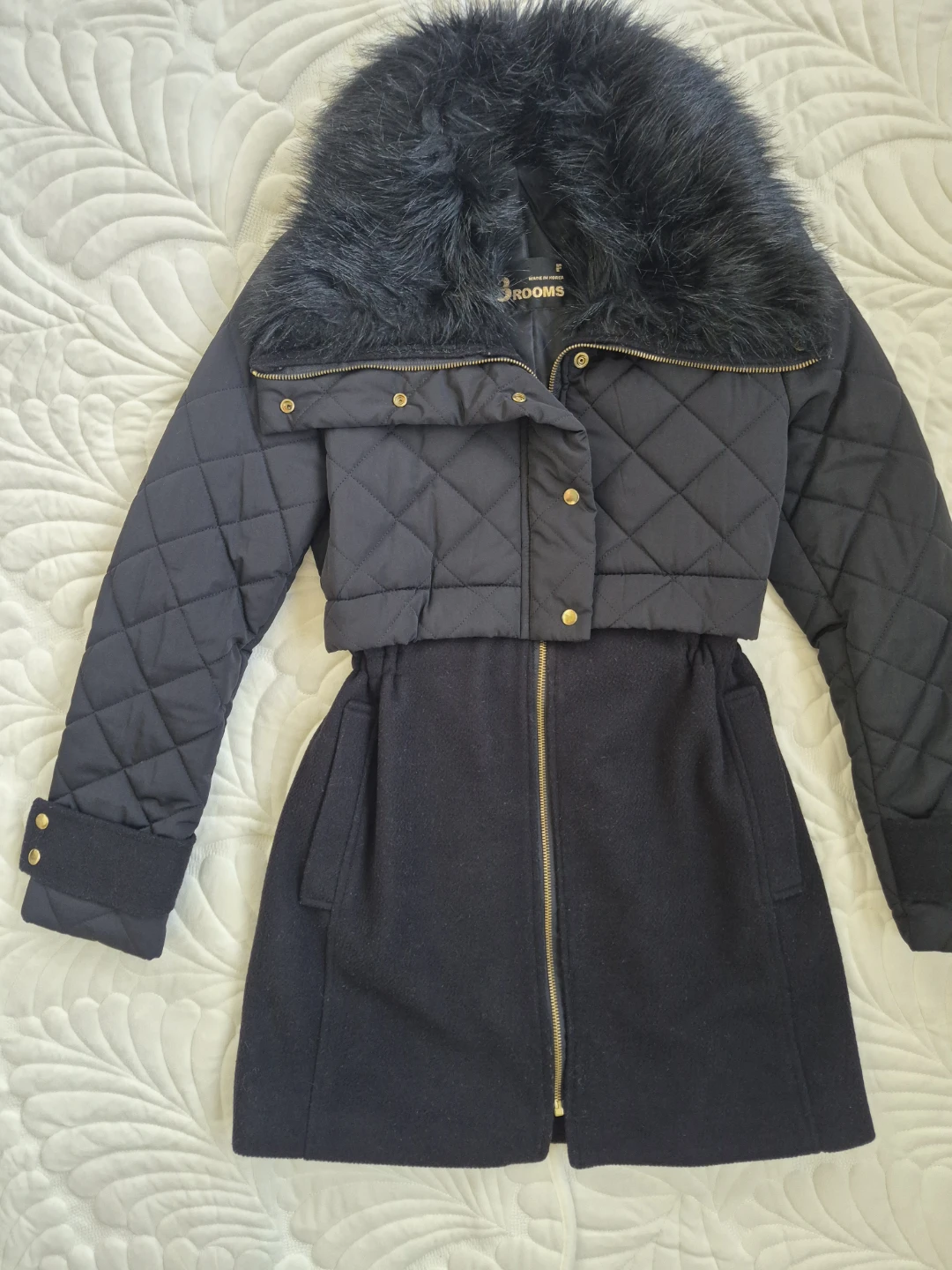 3 Rooms Black Quilted Faux Fur Collar Coat
