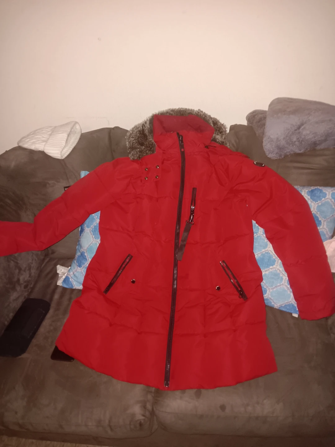 Red Puffer Coat with Fur Hood