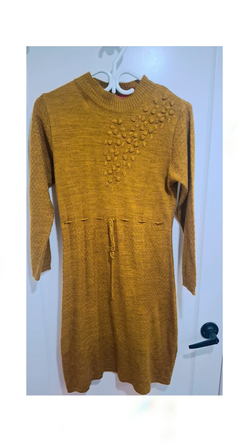 Mustard Yellow Sweater Dress with Floral Detail