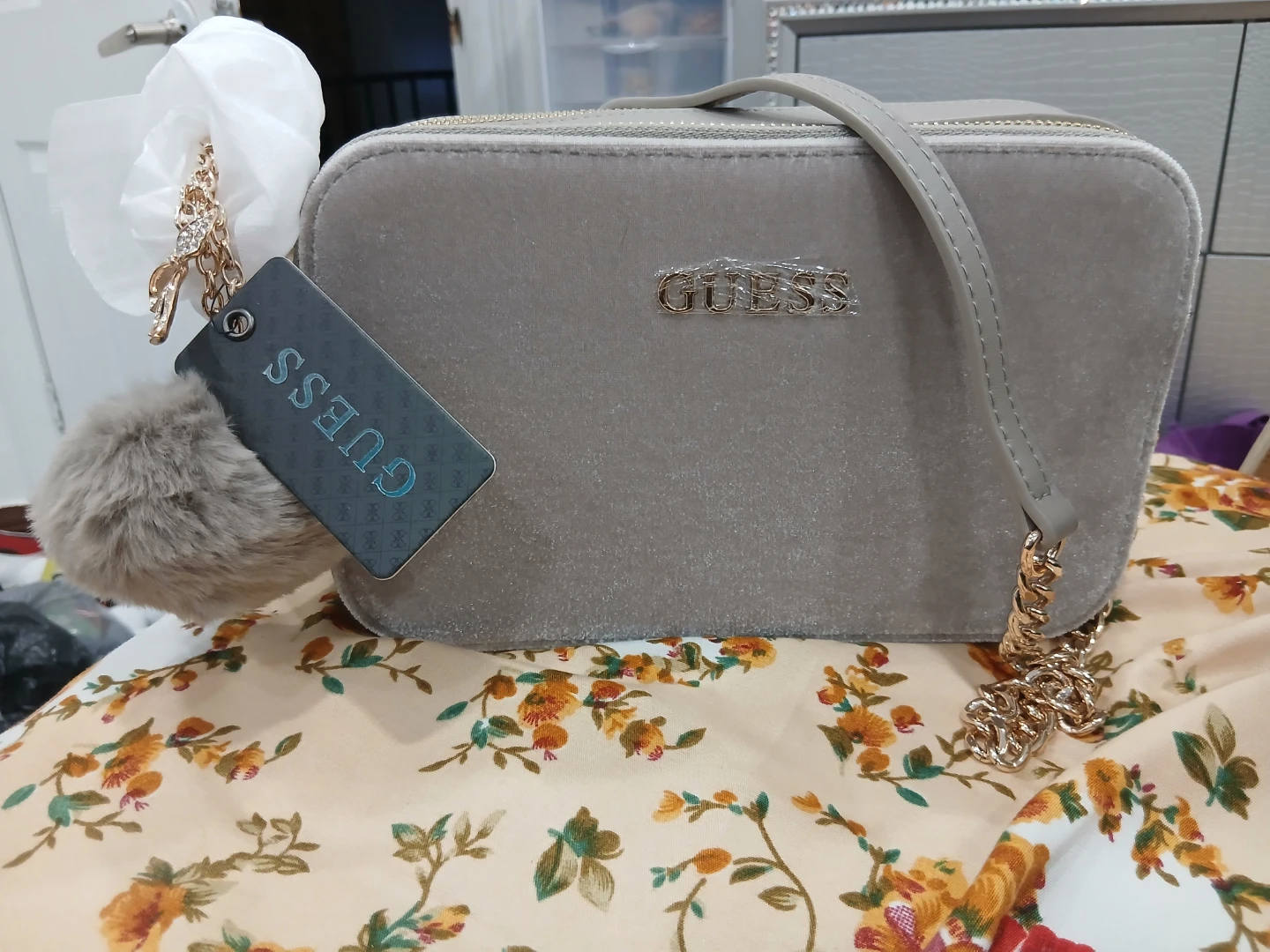 Guess Grey Velvet Crossbody Bag