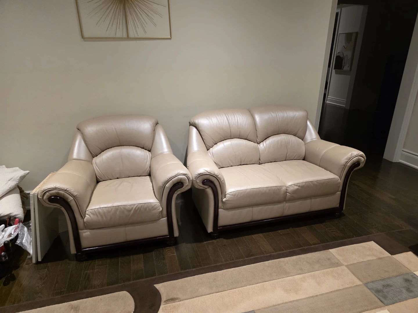 Cream Leather Sofa and Matching Armchair Set