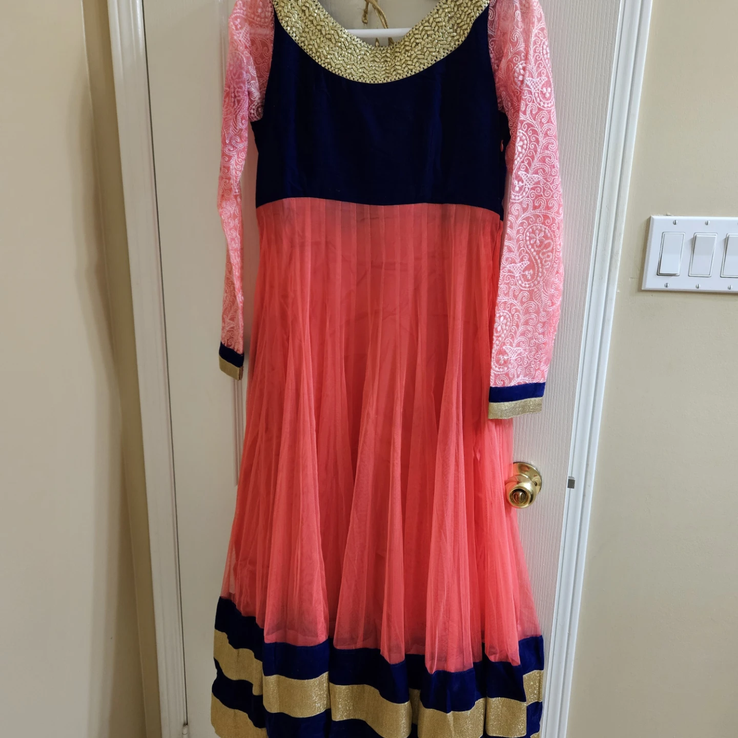 Pink and Navy Anarkali Dress with Gold Trim