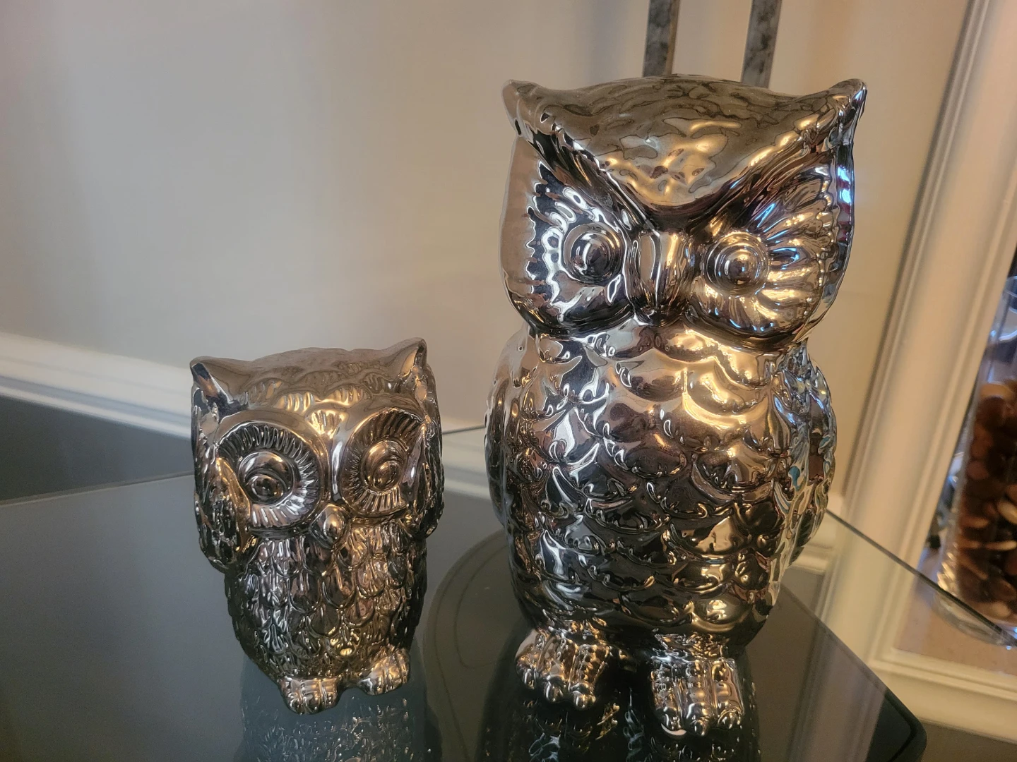 Set of 2 Silver Ceramic Owl Figurines